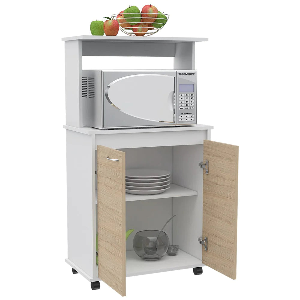 Mueble de Cocina Kitchen, Blanco y Rovere, con dos puertas batientes y espacio para horno microondas