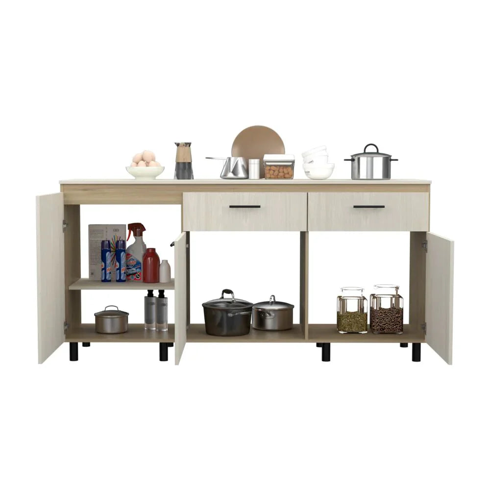 Modulo Inferior Kitchen Gante, Rovere y Niebla, con tres puertas batientes y dos cajones deslizables