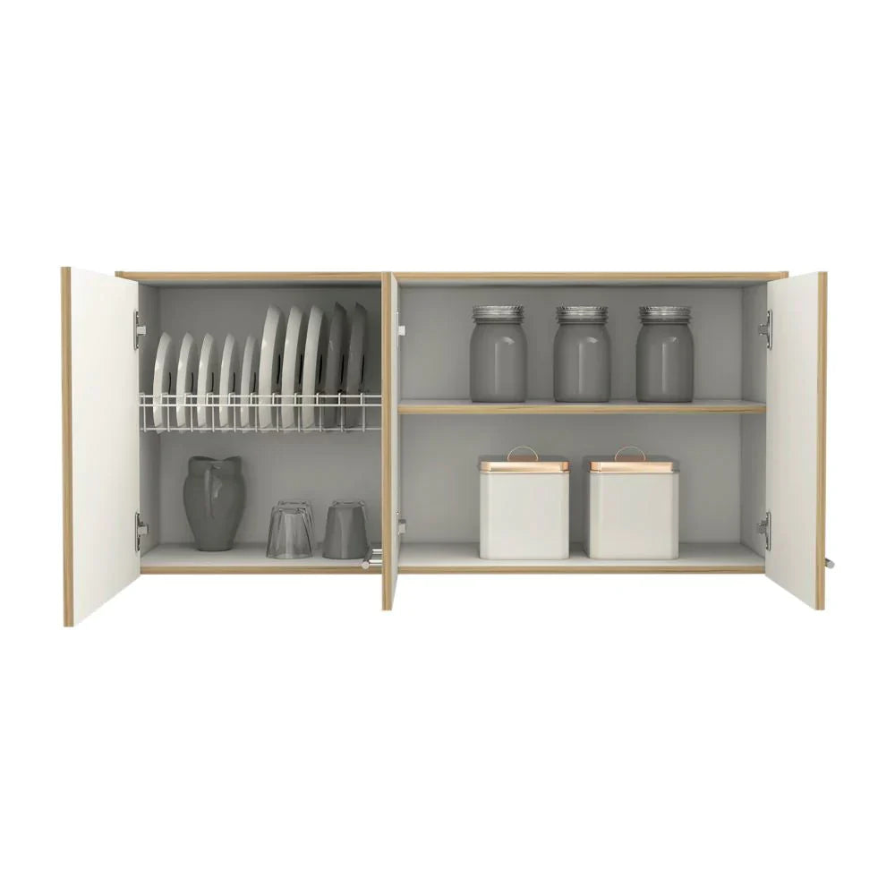 Modulo Superior Kitchen Orion, Duna y Blanco, con tres puertas batientes y varios entrepaños