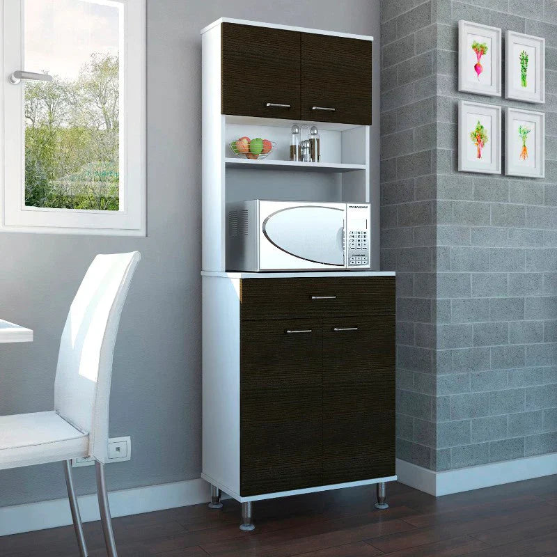 Mueble de Cocina Kitchen, Wengue Negro y Blanco, con cuatro puertas batientes y espacio horno microondas