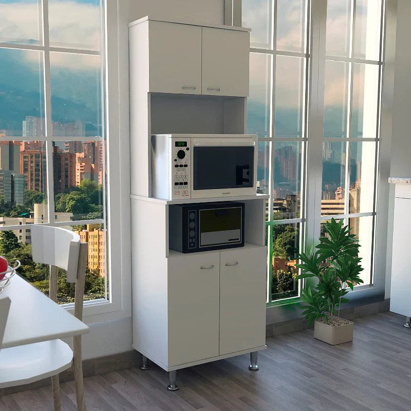 Mueble de Cocina Kitchen, Blanco, con cuatro puertas batientes, entrepaños para colocar microondas u hornos