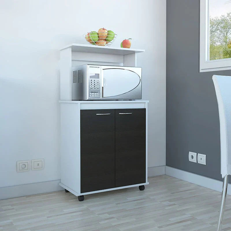 Mueble de Cocina Kitchen, Blanco y Wengue, con dos puertas batientes y espacio para horno microondas