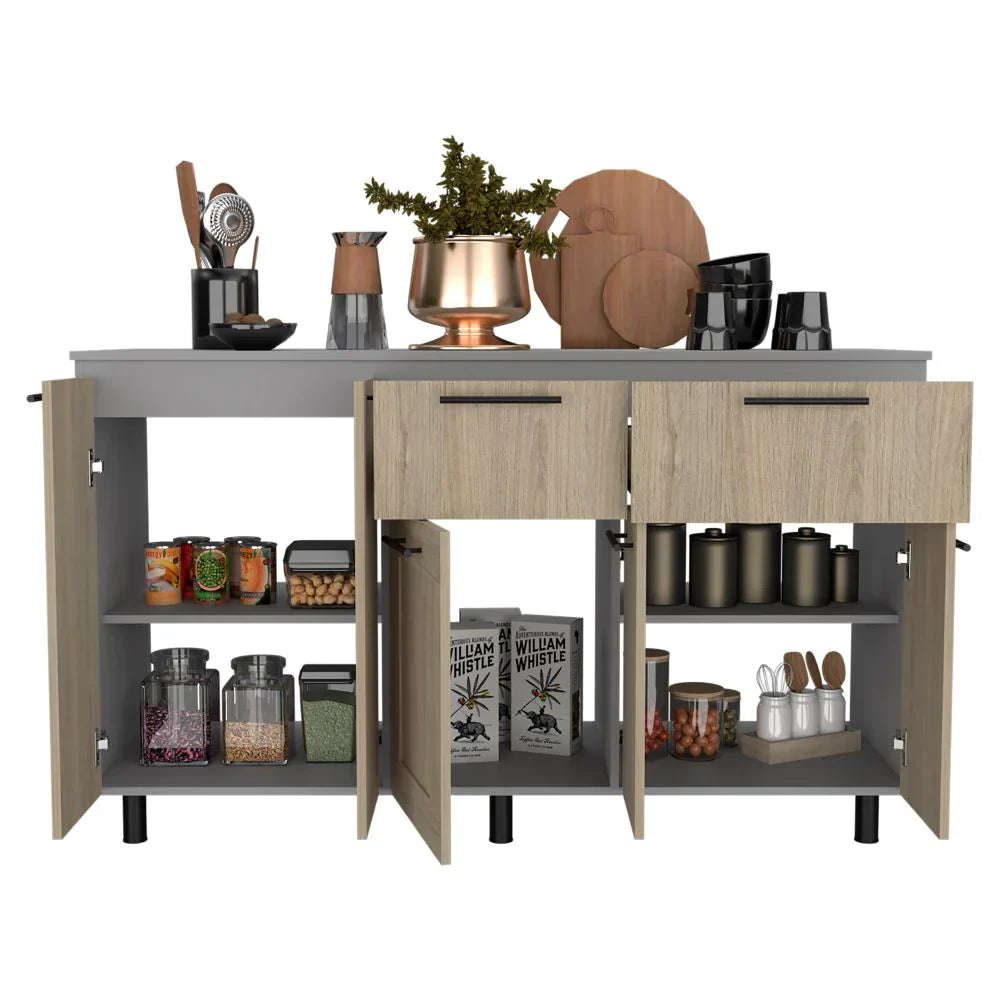 Modulo Inferior Kitchen, Hasselt, Gris y Rovere, con cuatro puertas batientes y dos cajones deslizables