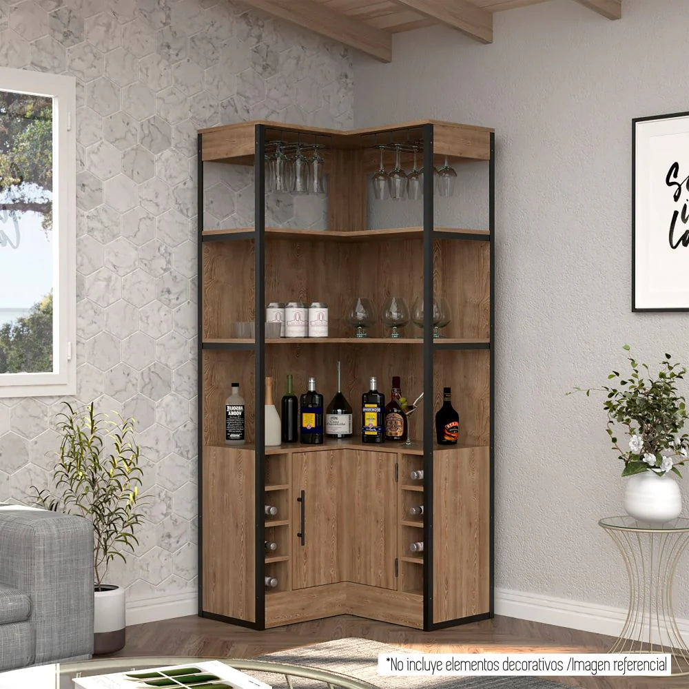 Bar Esquinero Magnum, Miel, con espacio para botellas y portacopas
