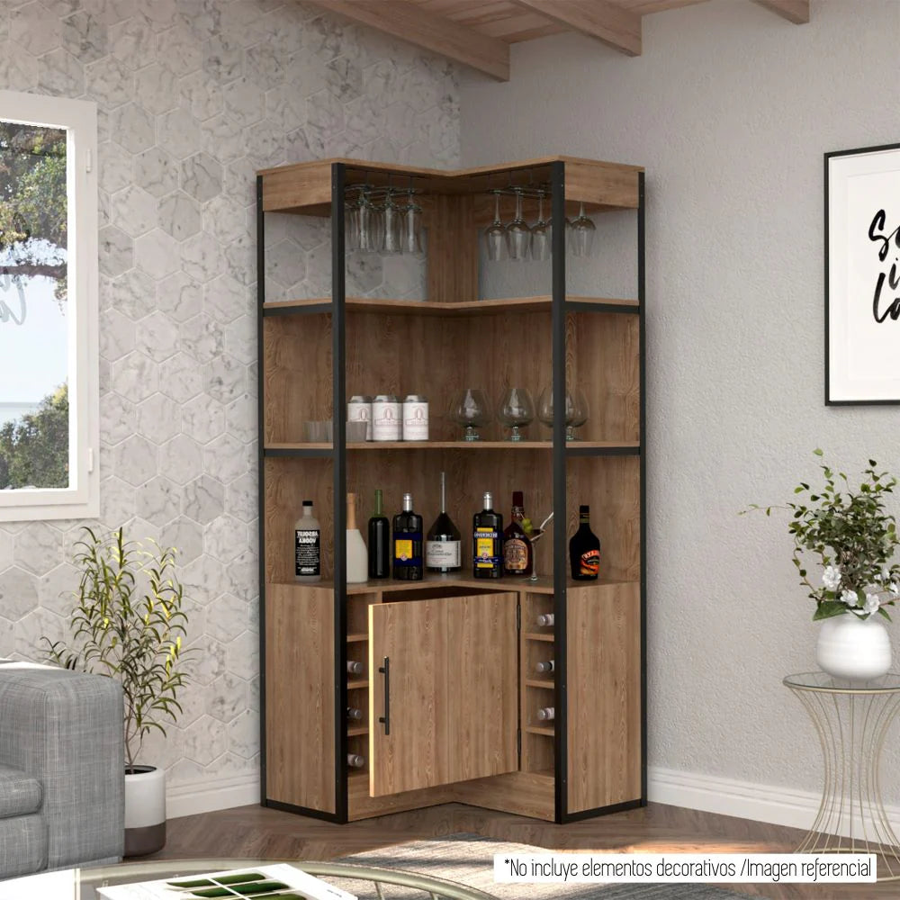 Bar Esquinero Magnum, Miel, con espacio para botellas y portacopas