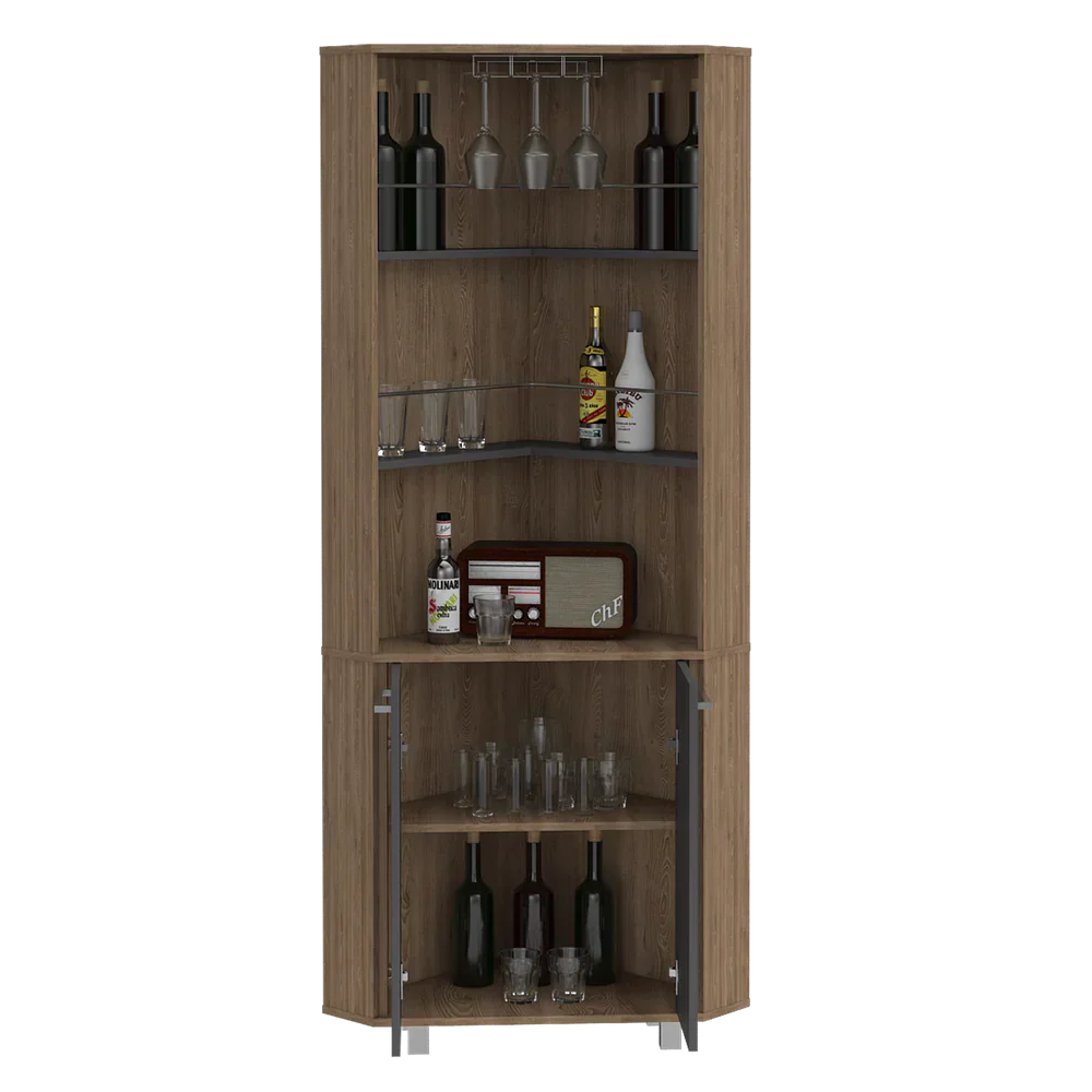 BAR ALTO ESQUINERO, CARMENERE, MIEL Y PLOMO, CON AMPLIO ESPACIO PARA BOTELLAS Y PORTACOPAS