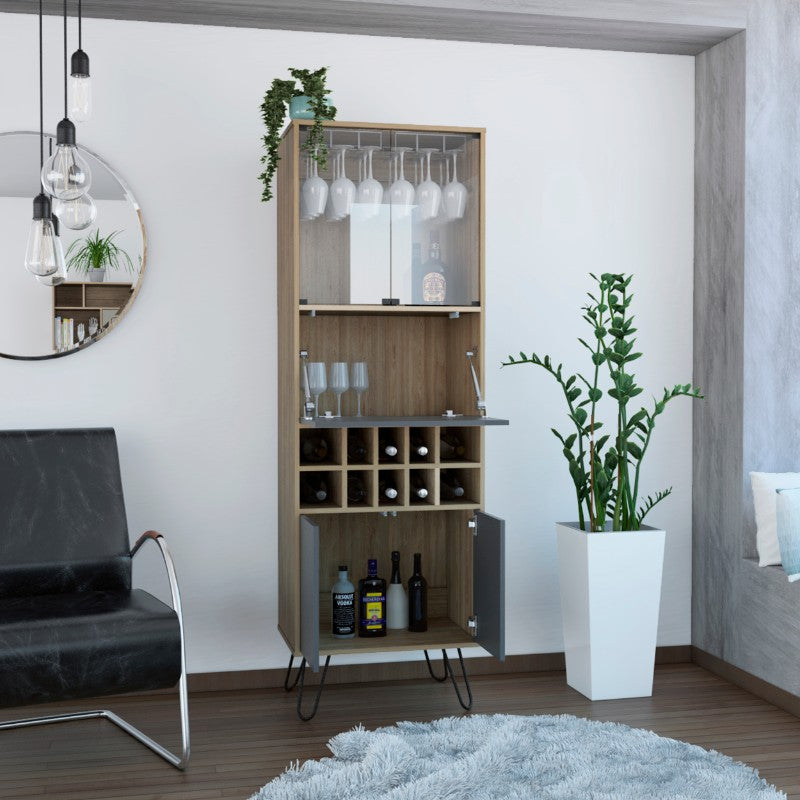 Bar Alto, Vassel, Miel y Plomo, con espacio para botellas y patas de acero