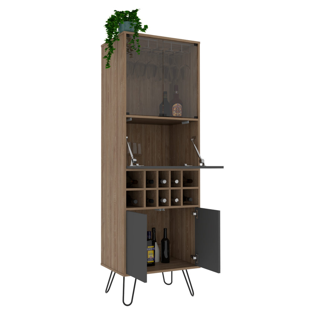 Bar Alto, Vassel, Miel y Plomo, con espacio para botellas y patas de acero
