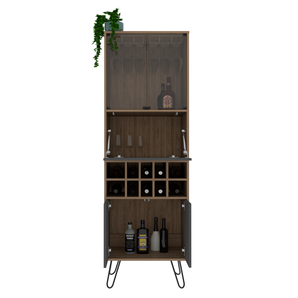 Bar Alto, Vassel, Miel y Plomo, con espacio para botellas y patas de acero