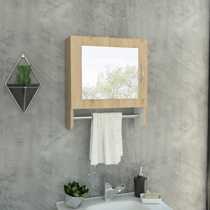 Botiquin Bath, Rovere y Blanco, con puerta espejo y dos entrepaños para colocar objetos de aseo