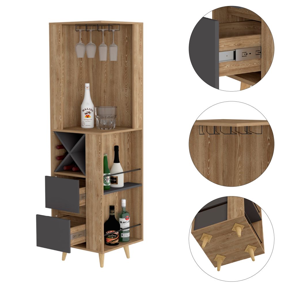 Bar Esquinero Salem, Miel y Plomo, con dos cajones deslizables, espacio para botellas y copas