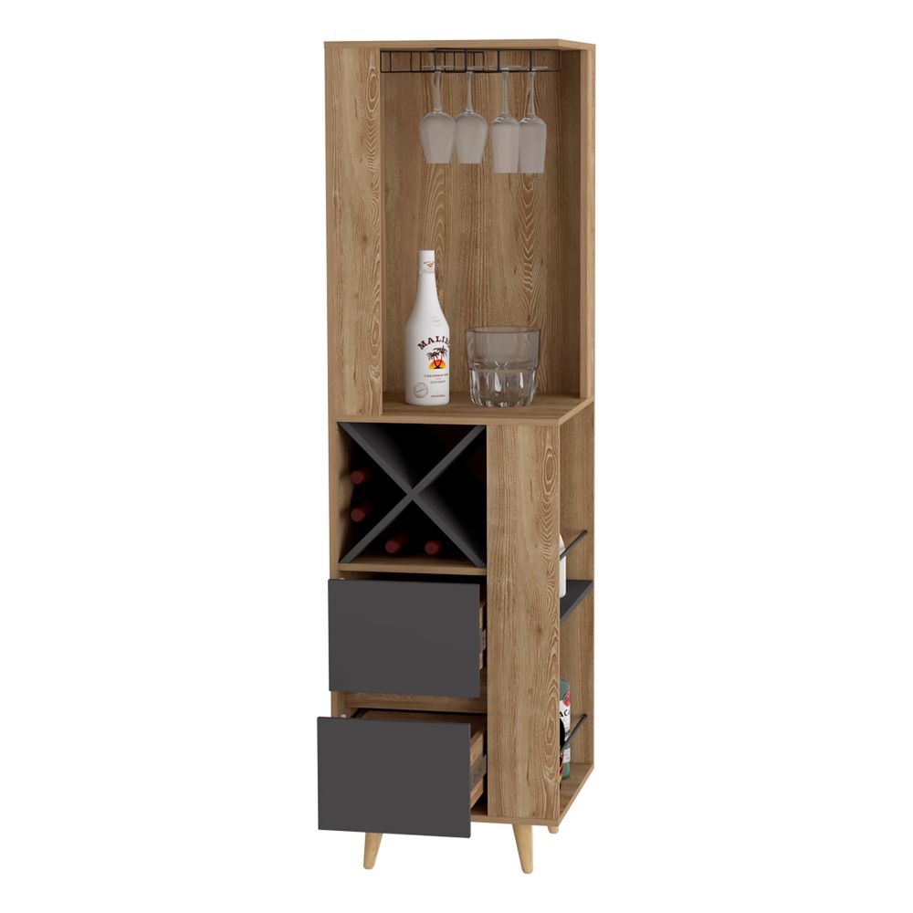 Bar Esquinero Salem, Miel y Plomo, con dos cajones deslizables, espacio para botellas y copas