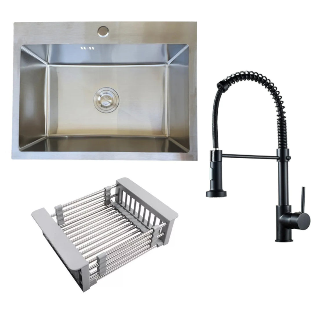 ⚡COMBO⚡ Lavaplatos 60x45 cm 2mm + Griferia tipo Resorte + Escurridor Plegable