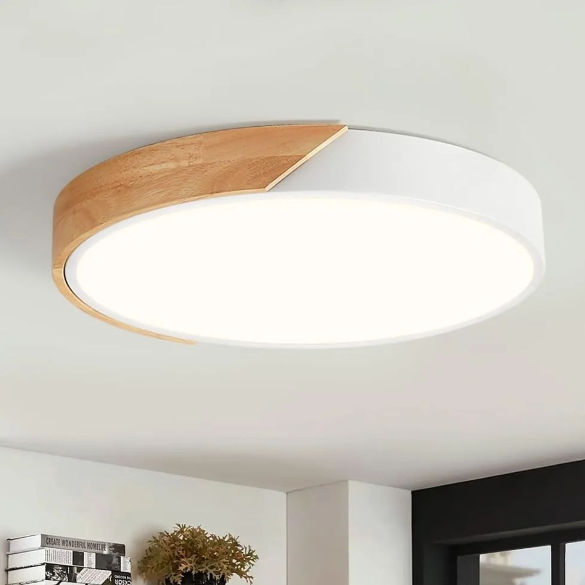Lampara Led Redondo 400mm Sobrepuesto Con Control Madera Clara 36w+36w