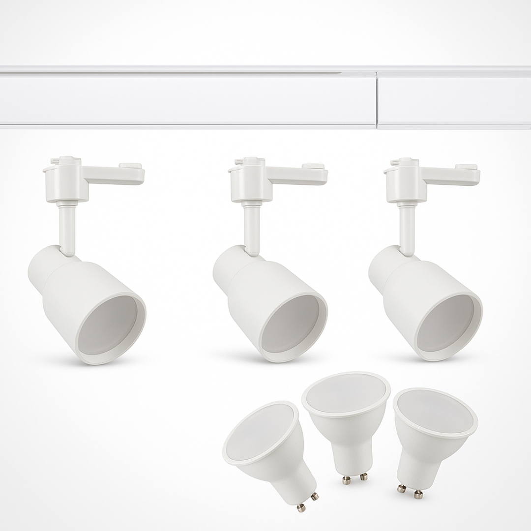 PACK RIEL MONOFASICO 1 METRO BLANCO + (3) FOCOS BLANCOS PORTA AMPOLLETA GU10 + (3) AMPOLLETAS LUZ CALIDA O FRIA