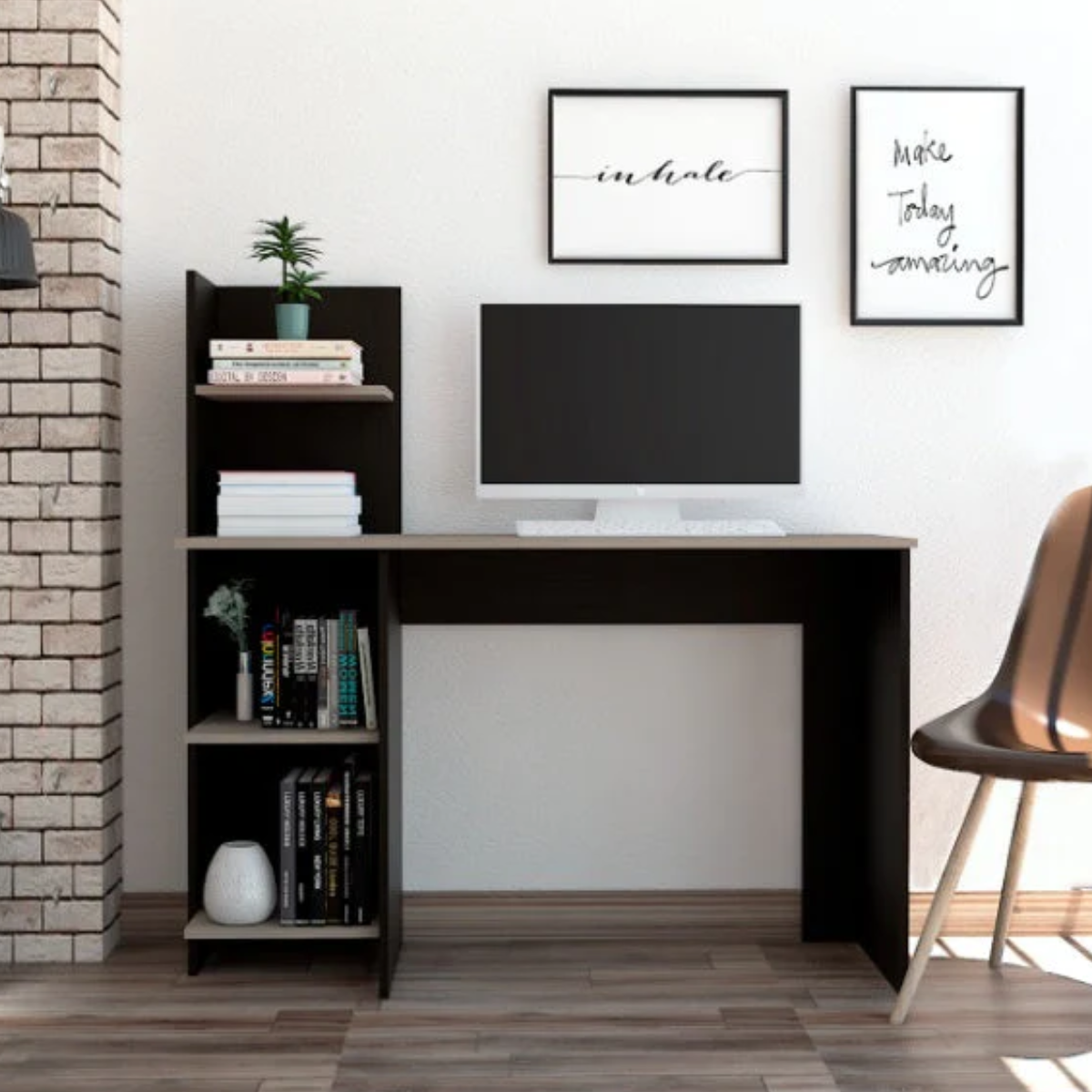 Escritorio Recto Con Biblioteca Office W-120 - Wengue / Ceniza