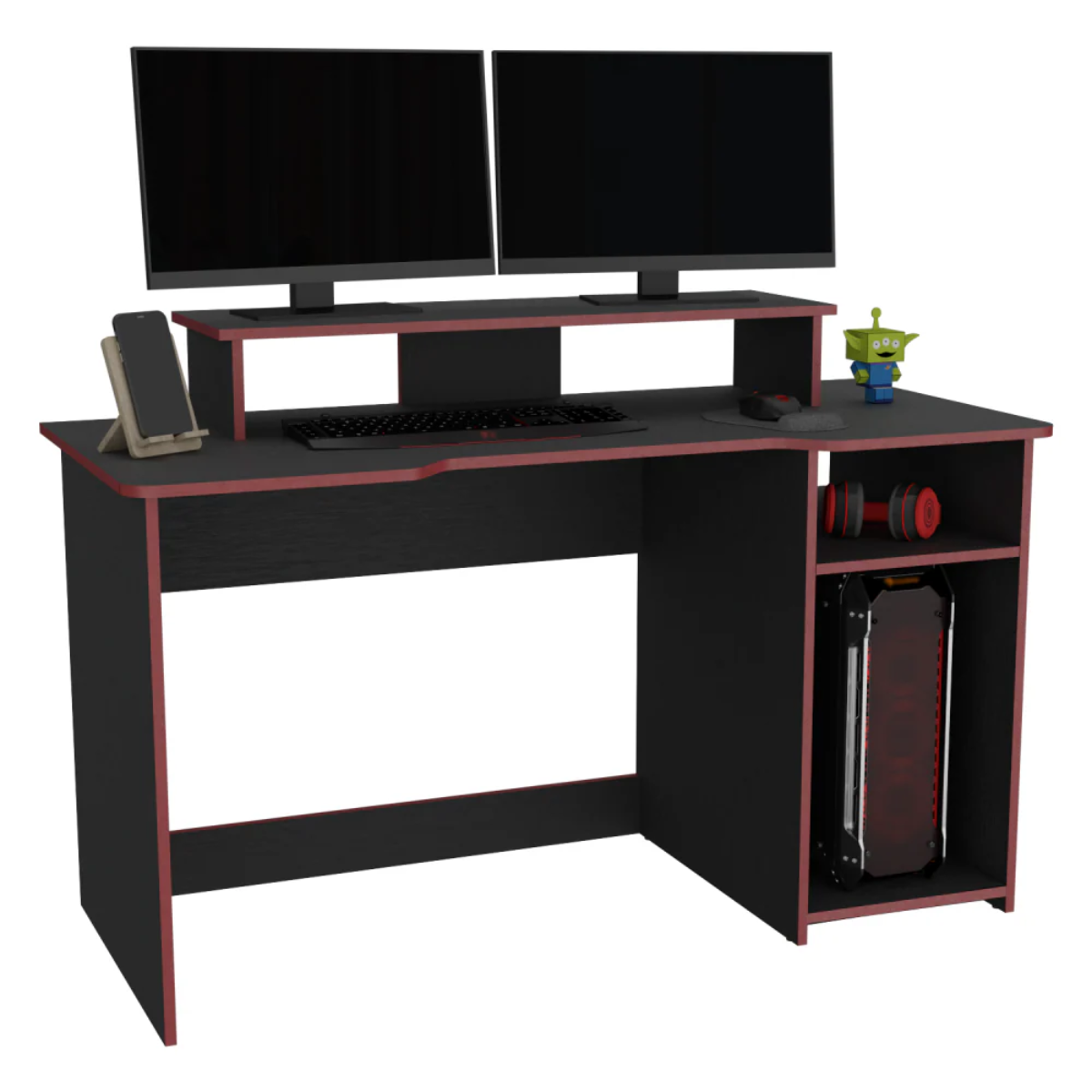 Escritorio Gamer Recto Con 2 Niveles Para Monitores Huni - Wengue / Canto Rojo