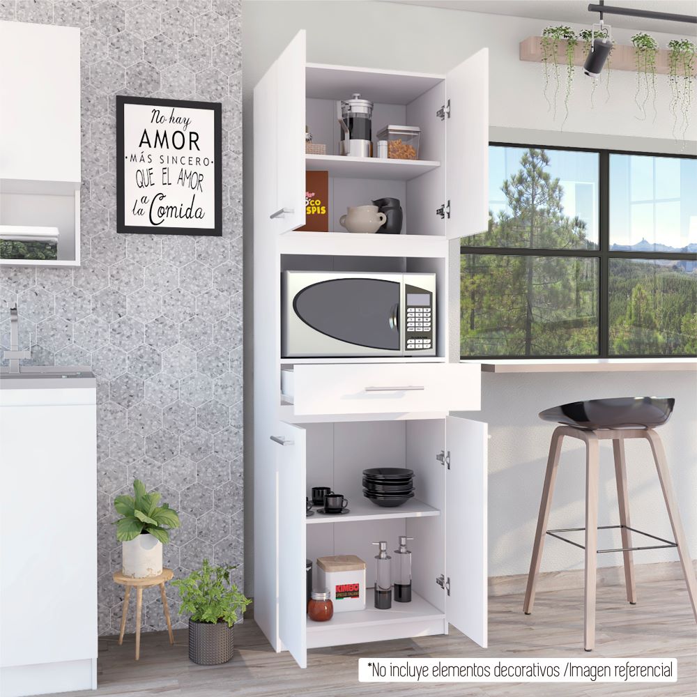 Auxiliar Microondas Alto Manchester, Blanco, con cuatro puertas batientes y entrepaños para colocar objetos