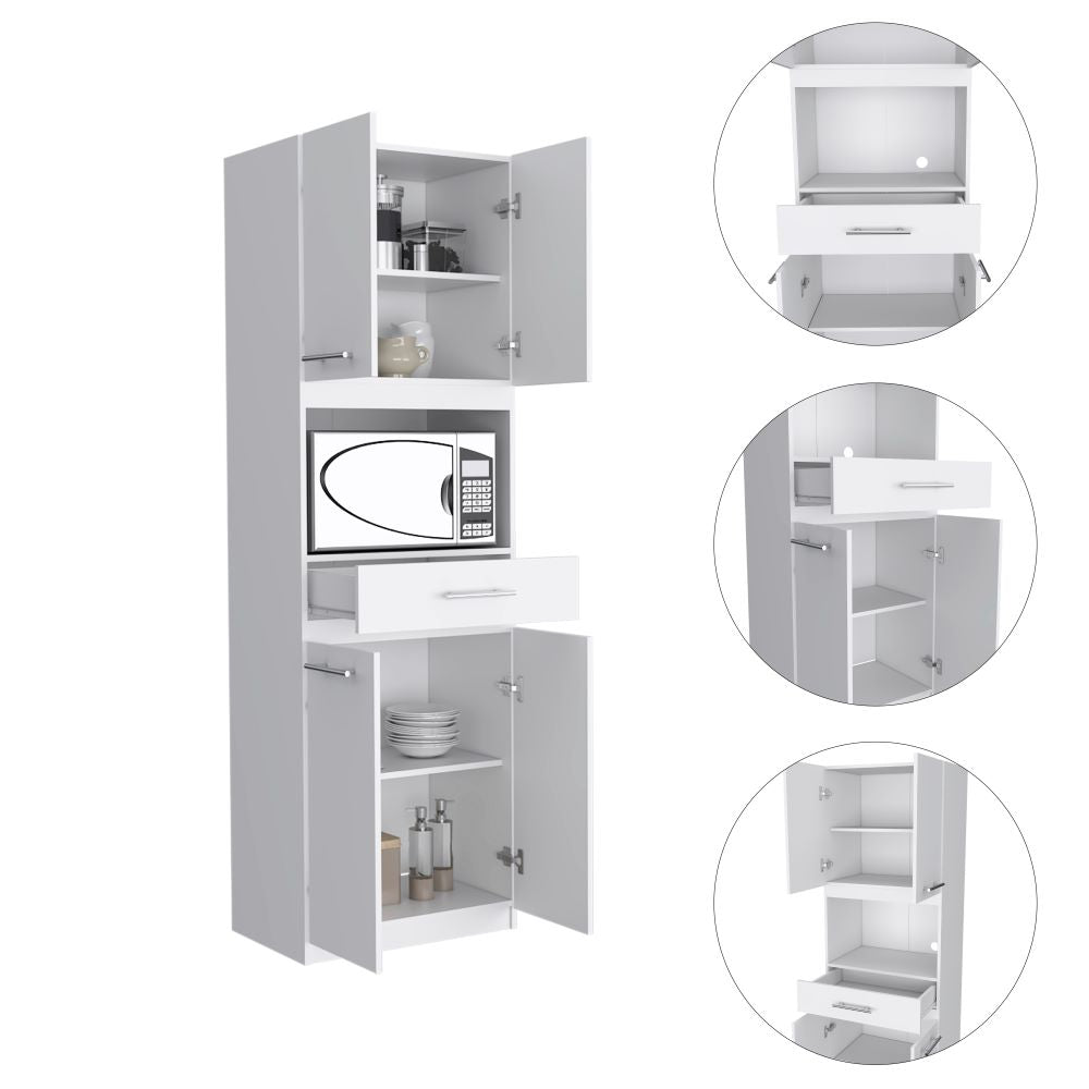Auxiliar Microondas Alto Manchester, Blanco, con cuatro puertas batientes y entrepaños para colocar objetos