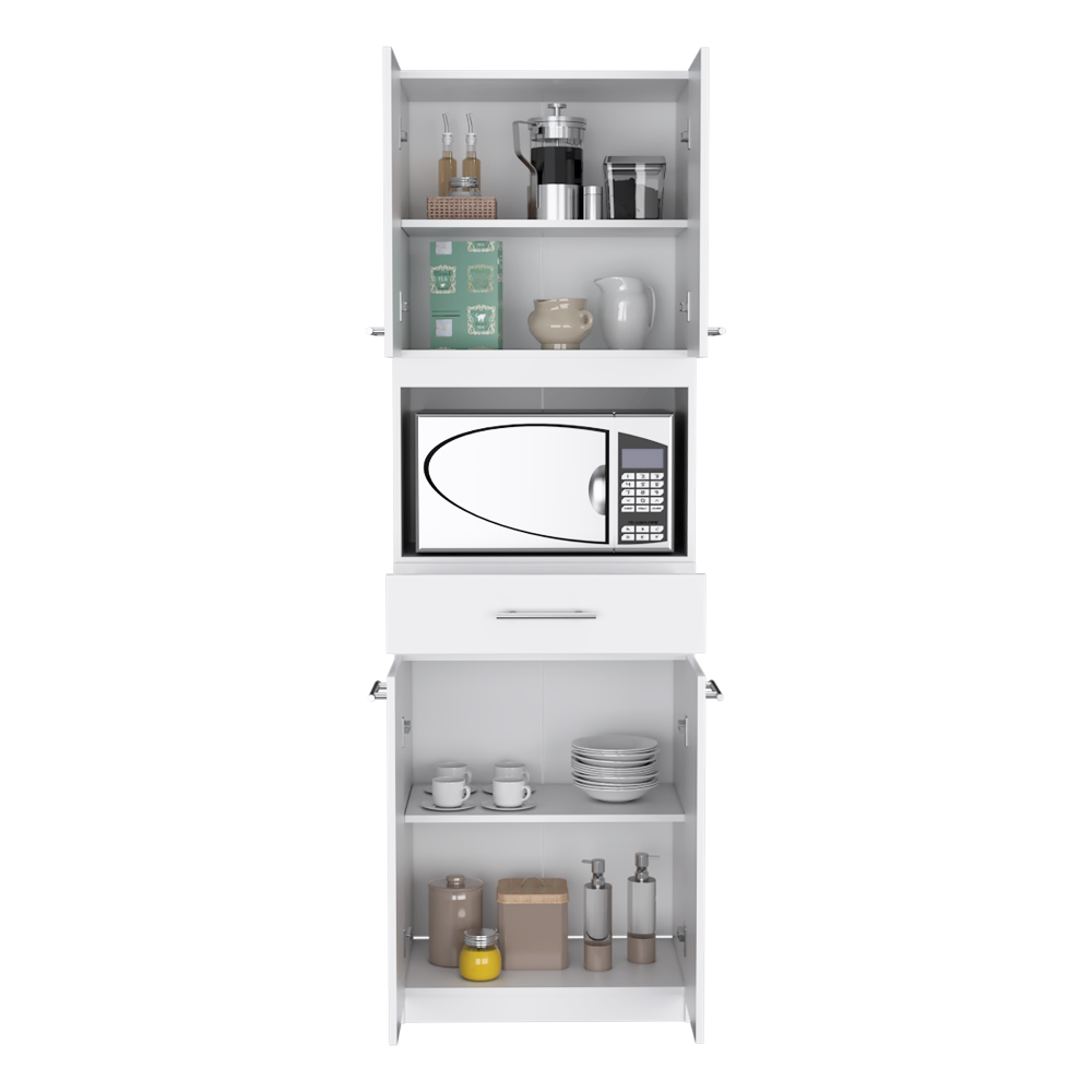 Auxiliar Microondas Alto Manchester, Blanco, con cuatro puertas batientes y entrepaños para colocar objetos