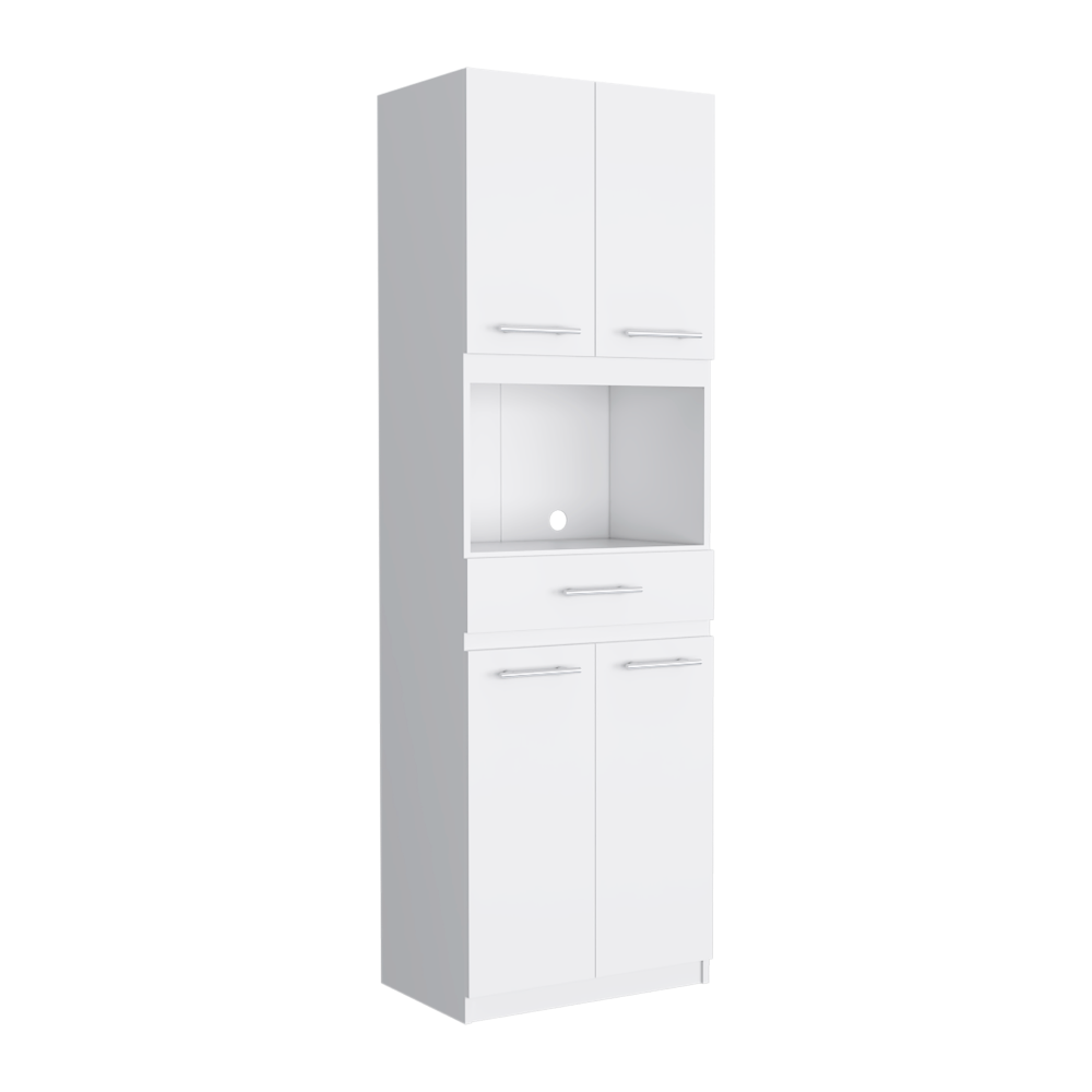 Auxiliar Microondas Alto Manchester, Blanco, con cuatro puertas batientes y entrepaños para colocar objetos