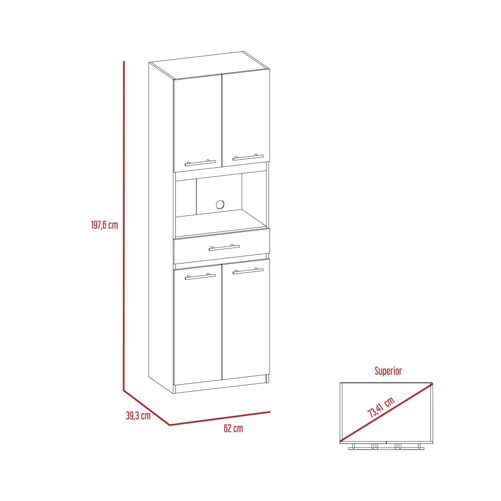 Auxiliar Microondas Alto Manchester, Blanco, con cuatro puertas batientes y entrepaños para colocar objetos