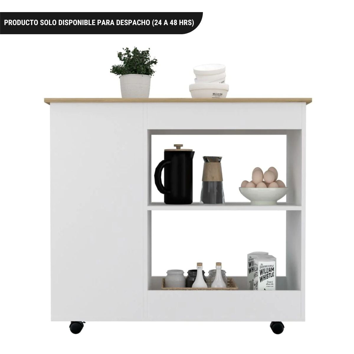 Mesón de Cocina Bi,Color, Blanco y Duna, con variedad de entrepaños y rodachines