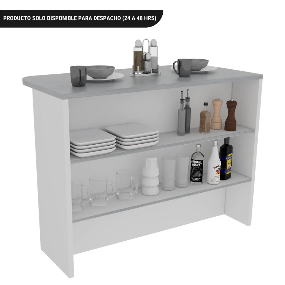 Barra Auxiliar de Cocina Fendi, Cemento y Blanco, con dos entrepaños para colocar objetos