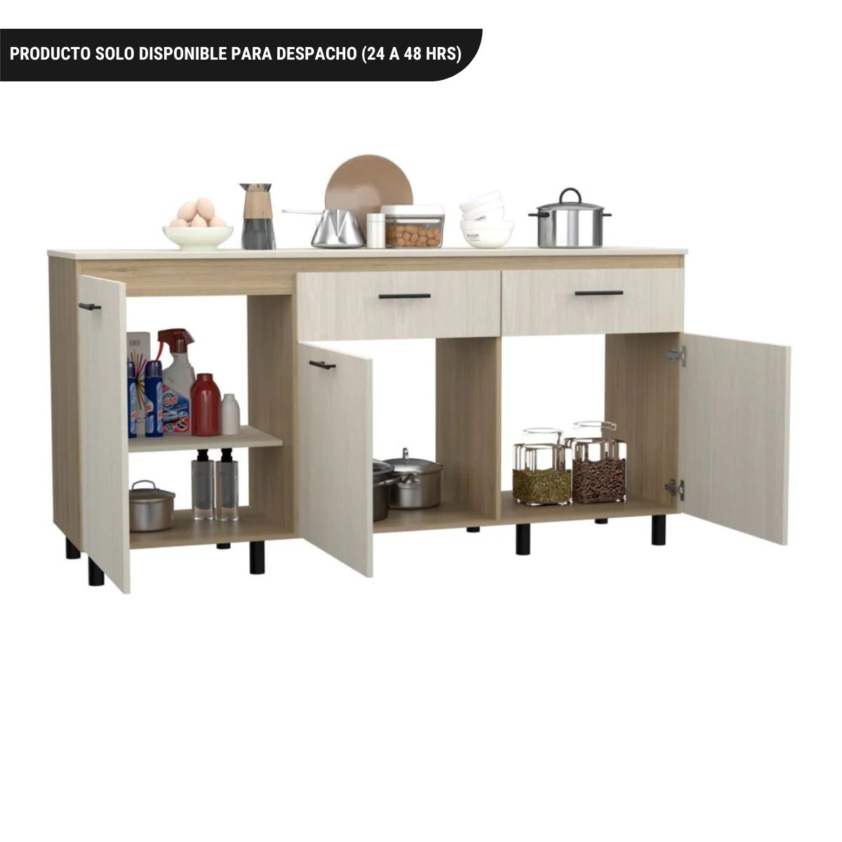 Modulo Inferior Kitchen Gante, Rovere y Niebla, con tres puertas batientes y dos cajones deslizables