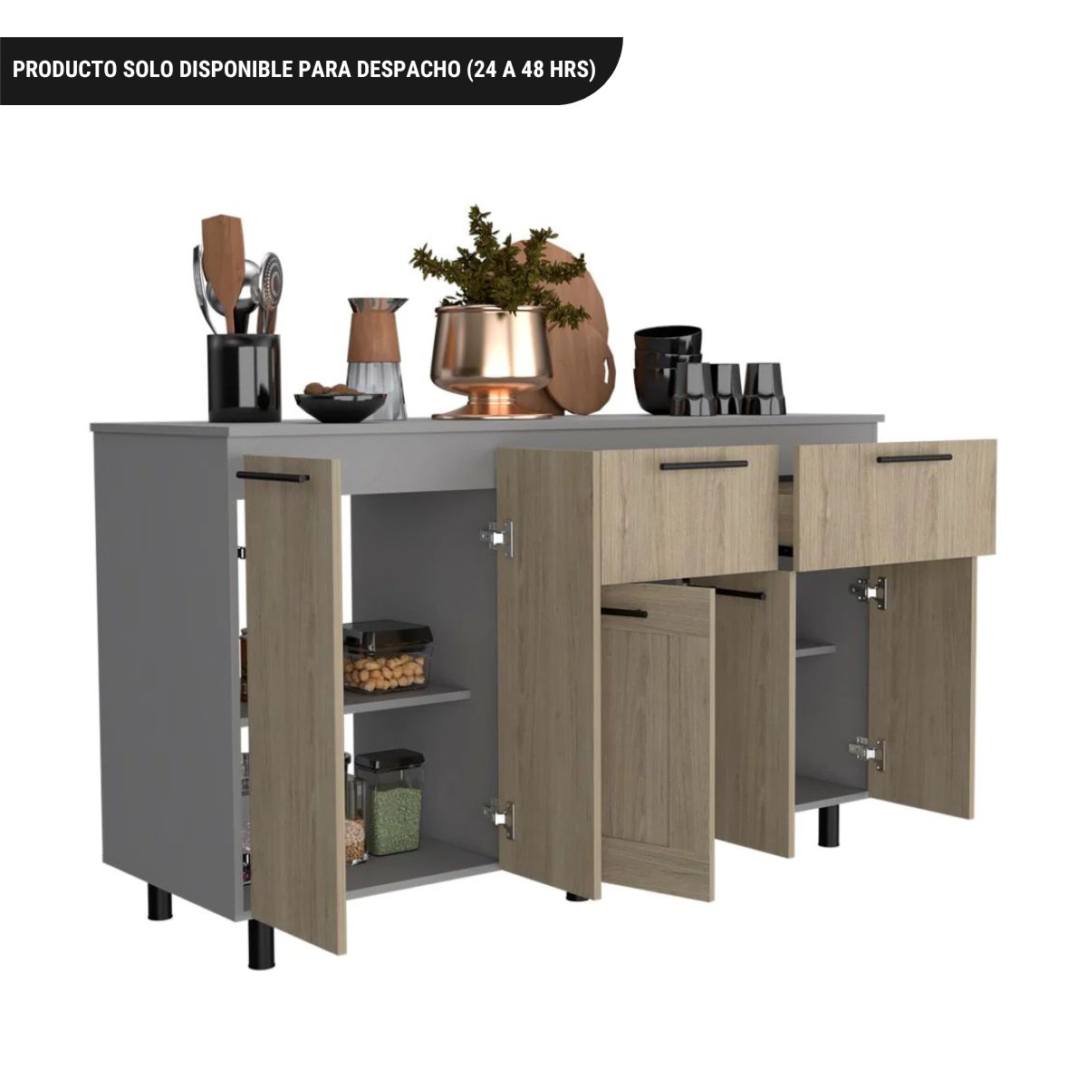 Modulo Inferior Kitchen, Hasselt, Gris y Rovere, con cuatro puertas batientes y dos cajones deslizables