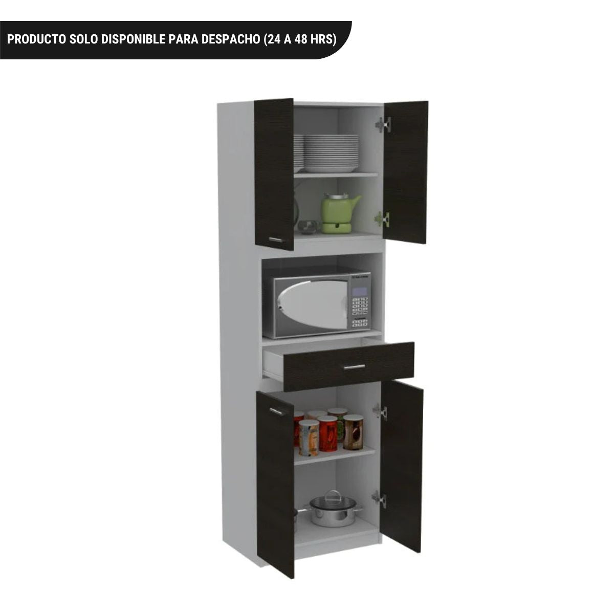 Mueble Microondas Bau, Blanco y Wengue, con cuatro puertas batientes y espacio para horno microondas