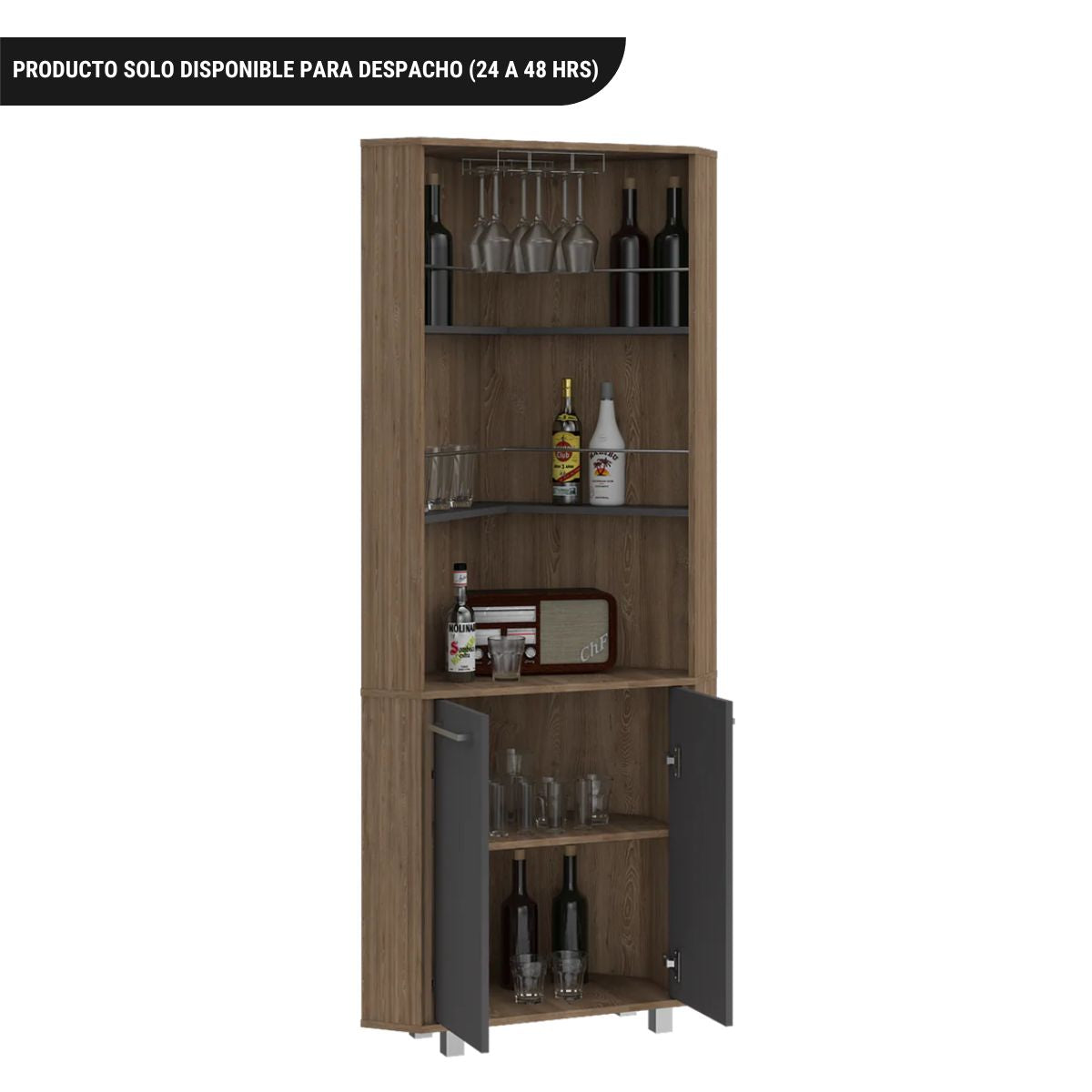 BAR ALTO ESQUINERO, CARMENERE, MIEL Y PLOMO, CON AMPLIO ESPACIO PARA BOTELLAS Y PORTACOPAS