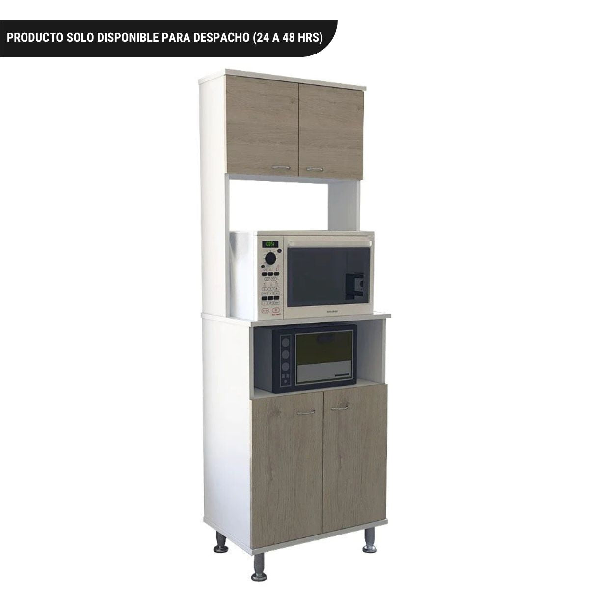 Mueble de Cocina Kitchen, Blanco y Rovere, con cuatro puertas batientes y dos espacios para microondas