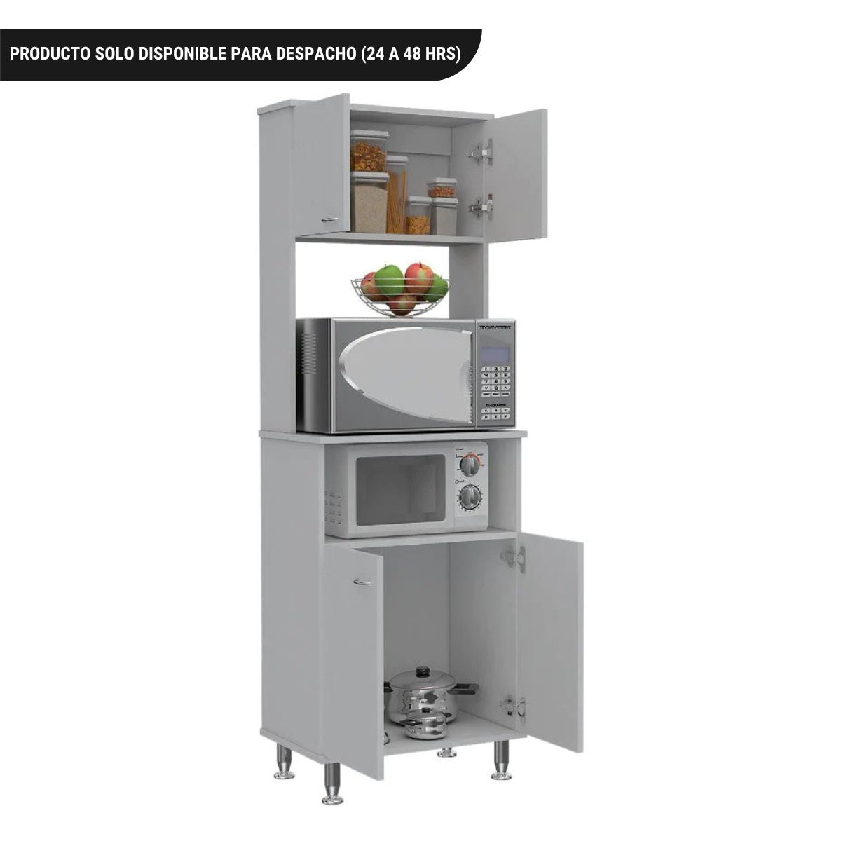 Mueble de Cocina Kitchen, Blanco, con cuatro puertas batientes, entrepaños para colocar microondas u hornos