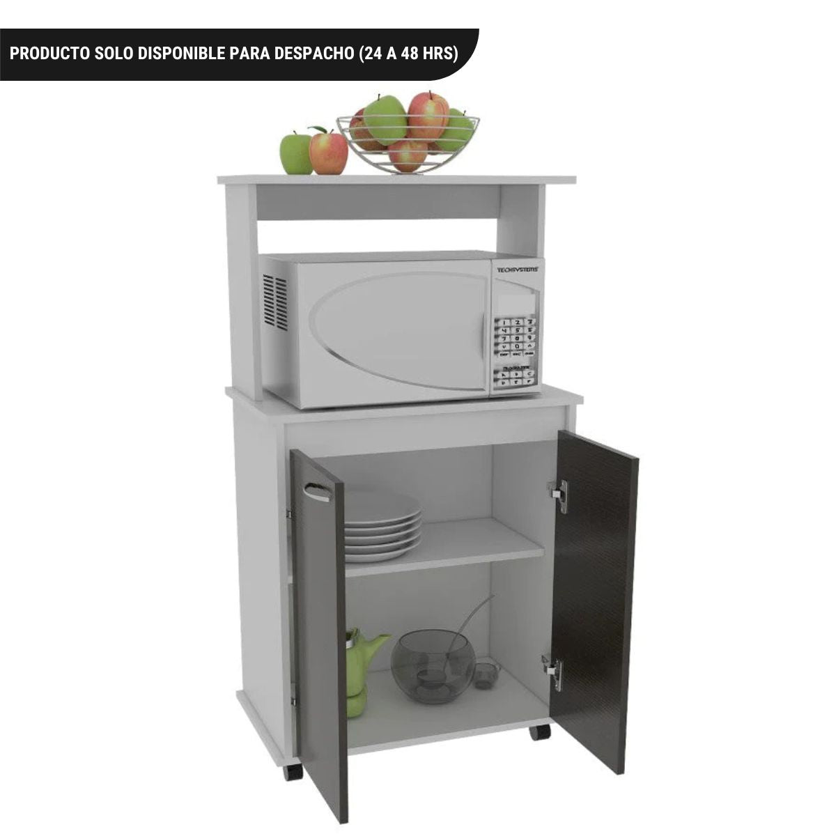 Mueble de Cocina Kitchen, Blanco y Wengue, con dos puertas batientes y espacio para horno microondas