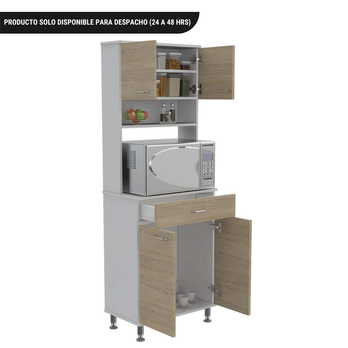 Mueble de Cocina Kitchen, Blanco y Rovere, con cuatro puertas batientes y espacio horno microondas