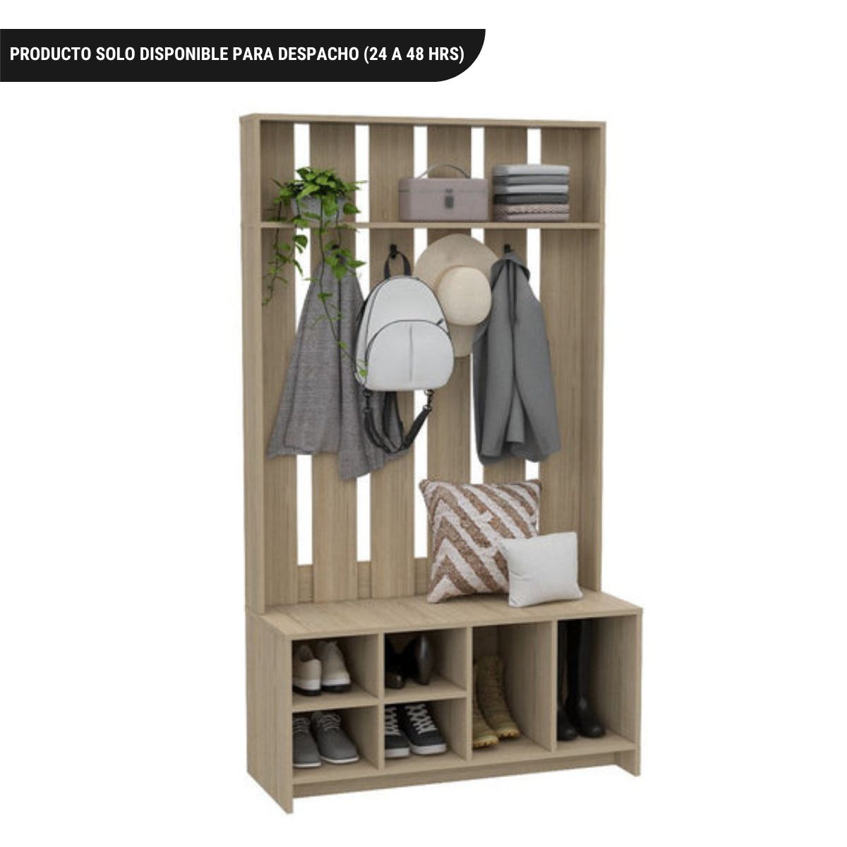 Mueble Recibidor Beijing, Rovere, con varios entrepaños y percheros