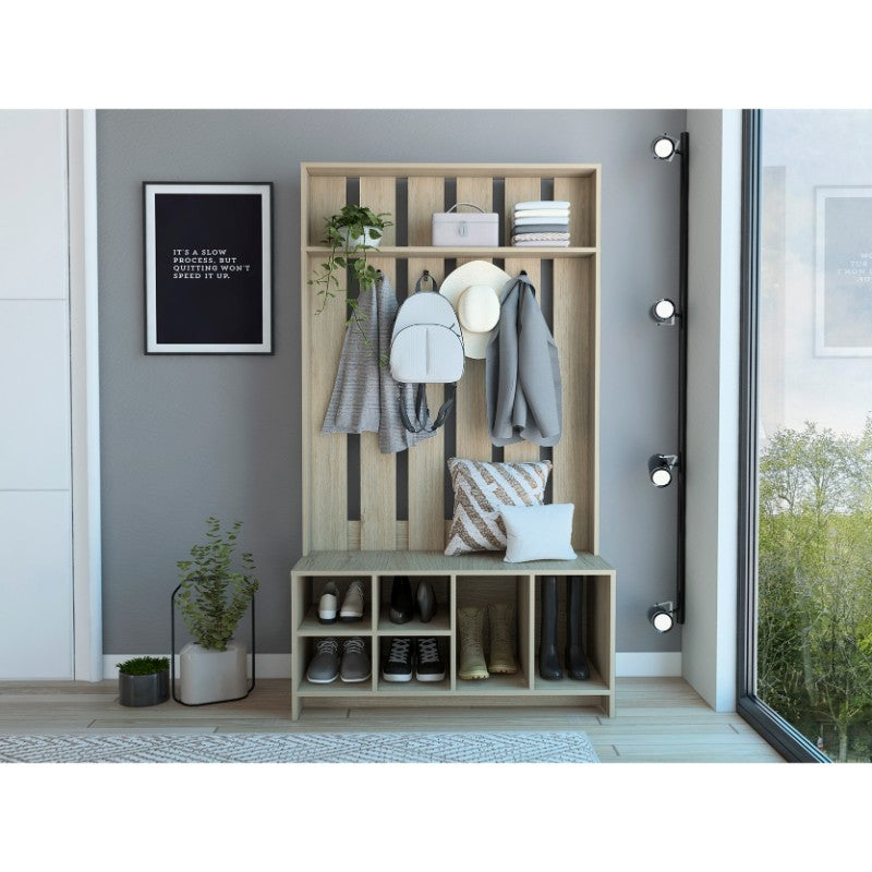 Mueble Recibidor Beijing, Rovere, con varios entrepaños y percheros