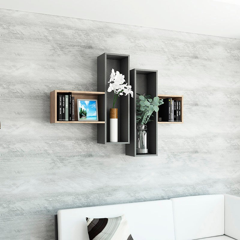 Repisa Wall, Miel y Plomo, con múltiples entrepaños para ubicar objetos