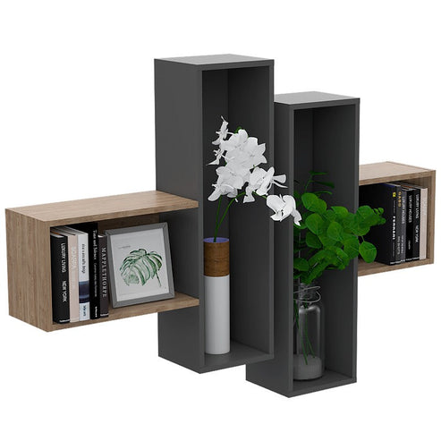 Repisa Wall, Miel y Plomo, con múltiples entrepaños para ubicar objetos