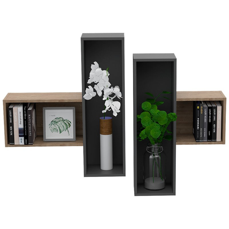 Repisa Wall, Miel y Plomo, con múltiples entrepaños para ubicar objetos