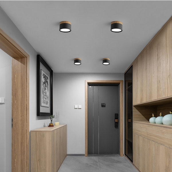 Foco LED Sobrepuesto Negro y Madera 7W Luz Fria 6000K